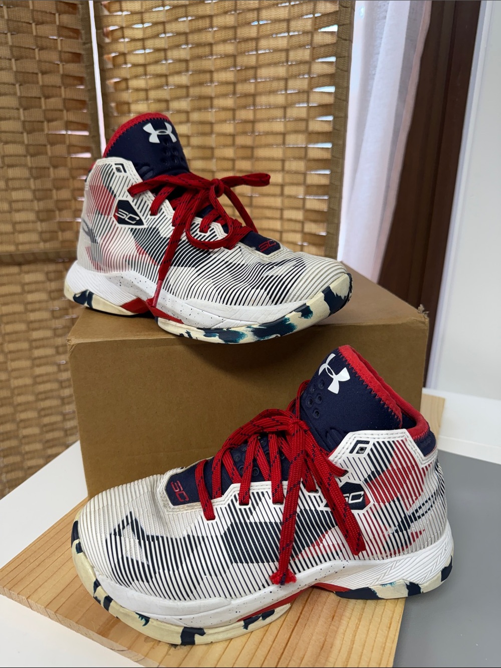 Under Armour Curry 2.5 'Hoop Nation' basketball shoes in a white, red, and navy